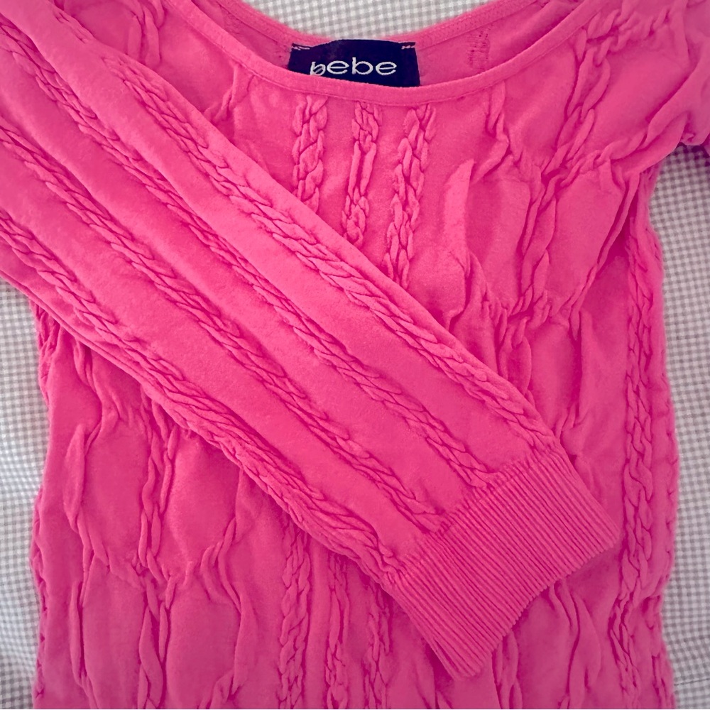 NWT Bebe Bubblegum 🍬Pink Stretchy Cableknit Scoop 3/4 Sleeve Top! Size P/S